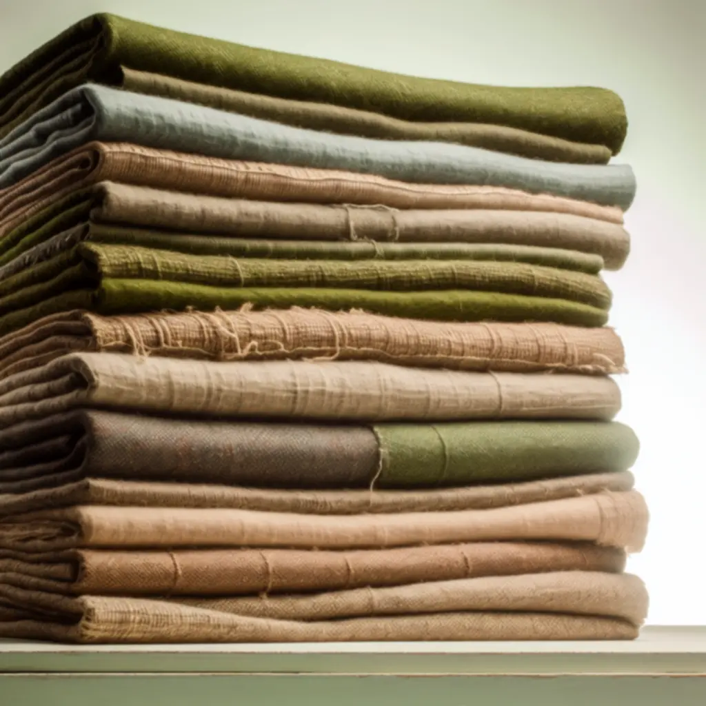 Stos koców z naturalnych materiałów w zielonych i ziemistych odcieniach