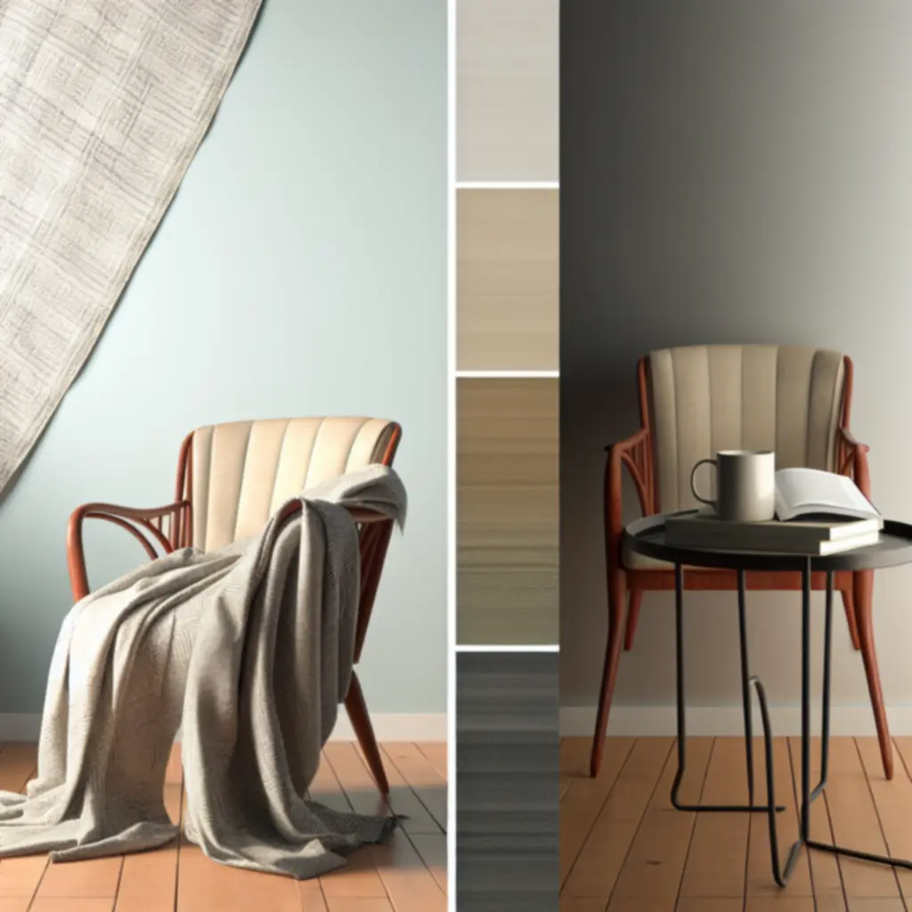 Koc zarzucony na fotel obok stolika z książką i kubkiem