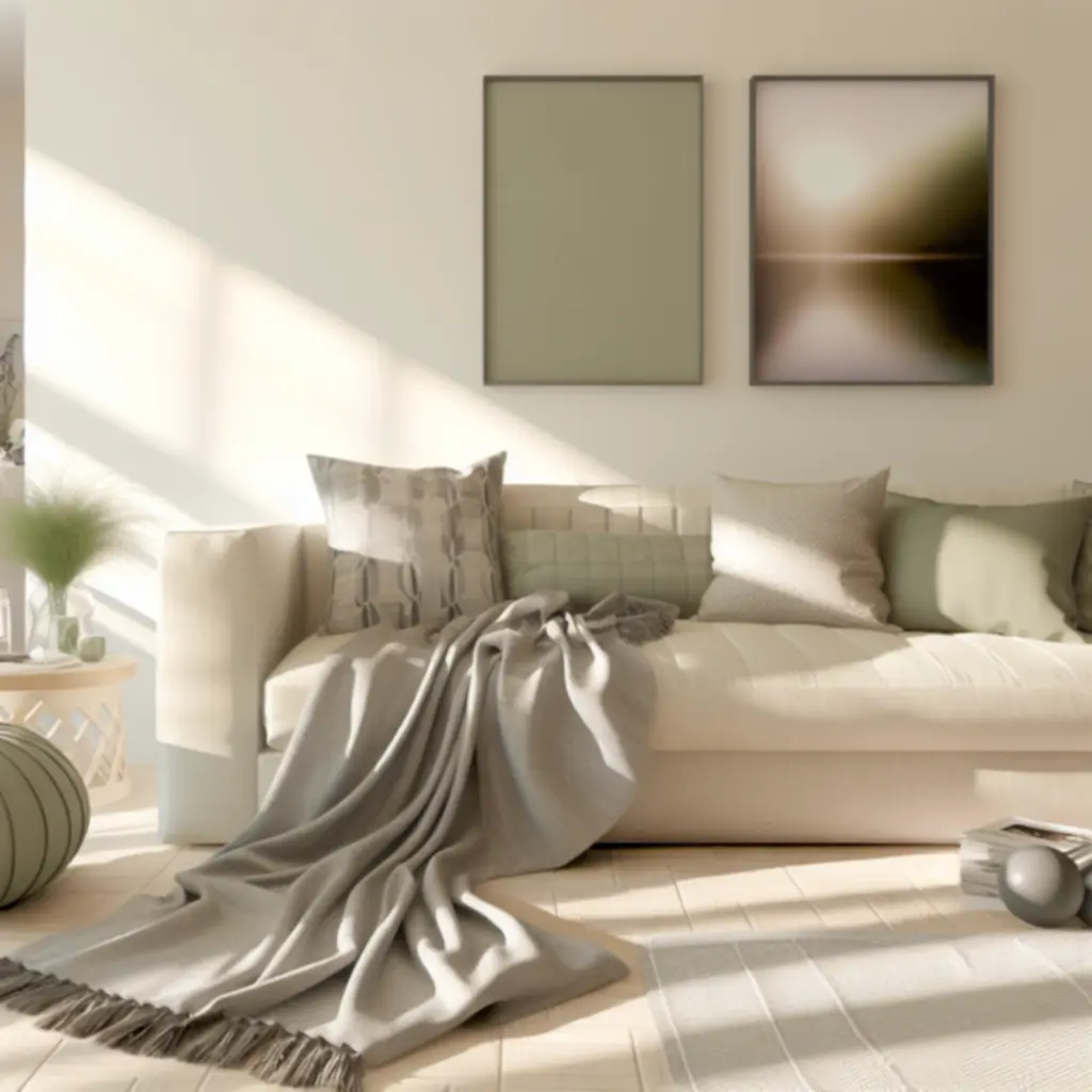 Salon z harmonijnie dobranymi poduszkami i pledami