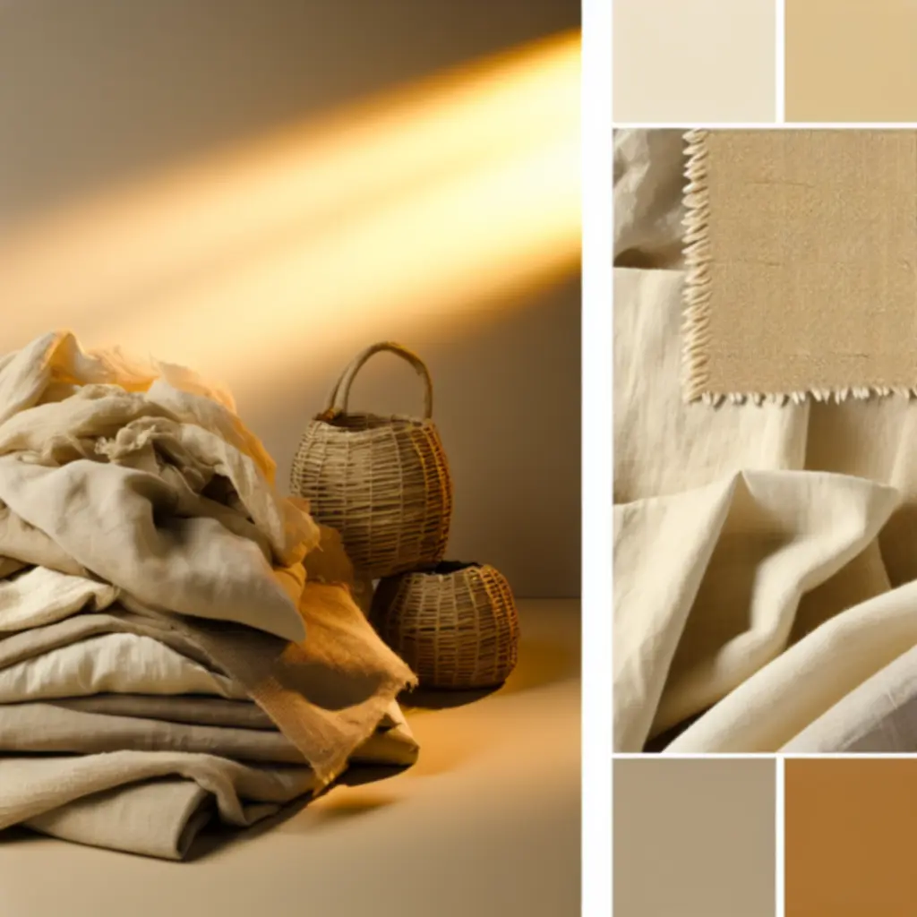 Naturalne tkaniny i włókna w ciepłej tonacji – baza naszych produktów.