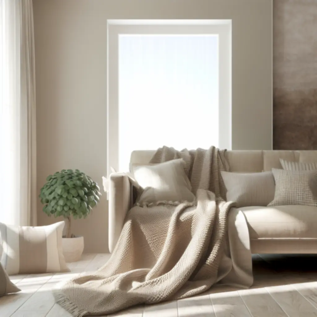 Przytulny salon z miękkimi pledami PillowDay ułożonymi na sofie.