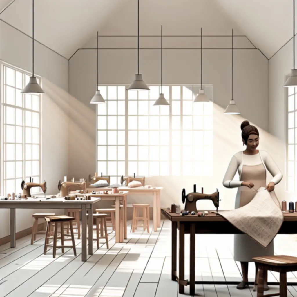 Szwalnia i rzemieślnicy pracujący nad detalami poduszek i poszewek